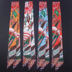 Bohemian floral pattern narrow skinny scarves in four colors for handbags and hair styling