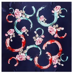 90cm Navy blue square silk scarf with pink roses and abstract blue circle patterns