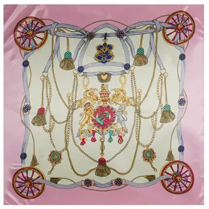 Elegant silk-like scarf with vintage lion crest and gold chain pattern, 90x90cm square