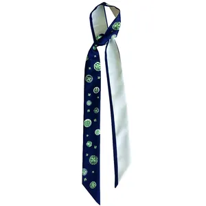 140cm Navy blue silk twilly scarf with green clover print and elegant white lining