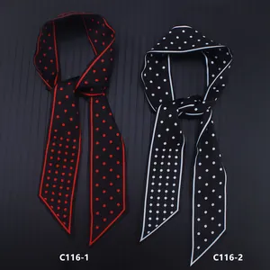 Polka dot silk skinny scarves in black with red and white patterns for women's bags