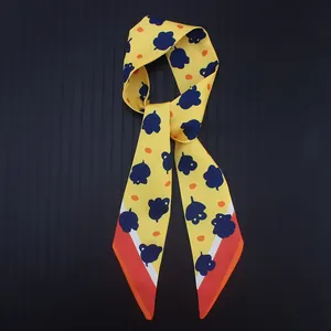 Floral yellow silk scarf with blue leaves and striped ends for neck or bag handle