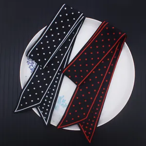 Polka dot silk-like skinny scarf set in black, red and white for hair and handbags