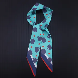 Lake blue cartoon printed twilly silk scarf with red dots and striped edge details