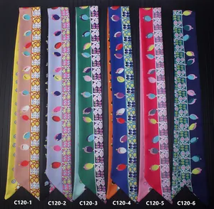Satin silk skinny scarf collection for handbags featuring colorful geometric jewel patterns