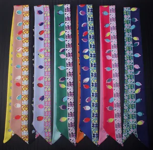 Set of 6 colorful gemstone patterned skinny silk scarves for bags and hair accessories