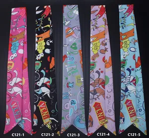 Fünf verschiedene schmale Seidenschals mit Cartoon- und geometrischen Motiven für Taschen