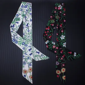 Narrow floral skinny scarf with sunflower print for handbag handles and neck decoration