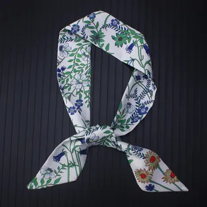 Floral print long silk scarf for handbags with blue morning glory and sunflower patterns