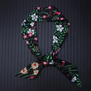 Elegant floral print skinny silk scarf for handbags and neckwear in black and red