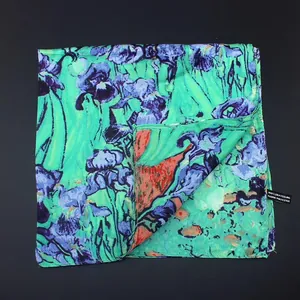 Τετράγωνο μεταξωτό μαντήλι 55cm Van Gogh Iris με ελαιογραφία για γυναίκες πράσινο