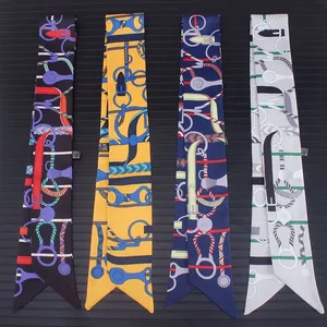 Equestrian pattern silk twilly scarves with belt and buckle prints in four colors