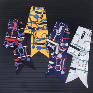 Set of four elegant twilly silk scarves with equestrian patterns for bag handles