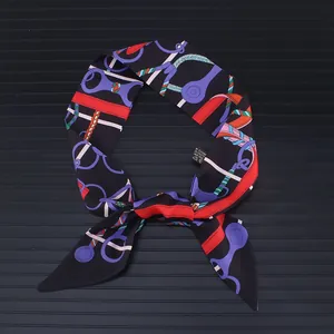 Black silk handle scarf with colorful equestrian pattern showing belts and ropes