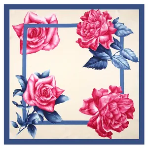 Square silk scarf with rose flower print in pink and navy blue on cream background