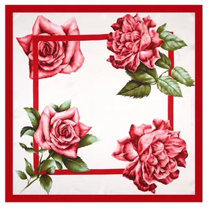 Elegant 90cm square silk scarf with realistic red rose and leaf print on white background