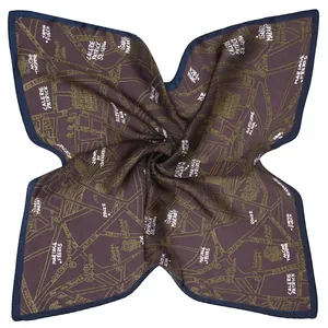 53cm square silk-feel scarf featuring vintage city map print and elegant brown-blue tones