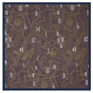 Deep purple 53cm square silk scarf featuring a detailed gold Paris city map print
