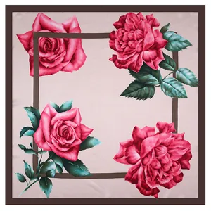 Satin silk square scarf featuring vintage rose and leaf print with dark brown borders