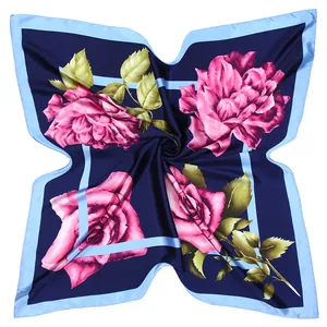 Elegant 90x90cm navy silk scarf with large pink rose prints and silky satin texture