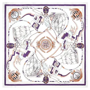 Dames Retro Nautische Zeilen Print Satijn Vierkante Sjaal Elegante Silk Feeling Sjaal Hoofddoek Voor Dagelijks Reizen Decoratie