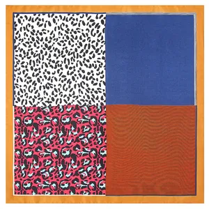 53cm square silk-feel scarf with mixed leopard animal prints and geometric color blocks