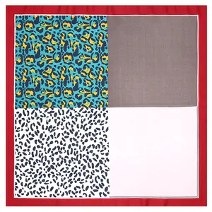 53cm leopard print faux silk square scarf for women with red border and mixed patterns