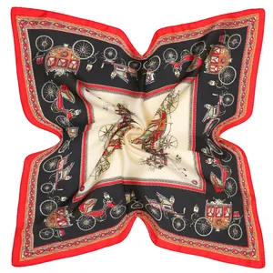 Silk square scarf with vintage horse carriage print and elegant red border in 53cm size