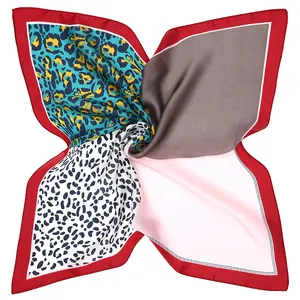 Silk-like leopard print square scarf featuring a four-color contrast design with red borders