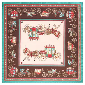 Elegant 53cm square silk scarf featuring vintage carriage patterns and green borders