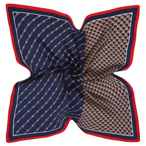 53cm square silk satin scarf with dark blue gold chain and equestrian horse print