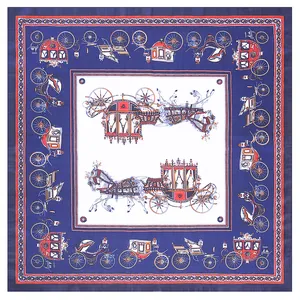 53cm square silk scarf featuring a classic navy blue and red horse carriage pattern