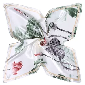 Foulard di seta 90 cm stile cinese con stampa di loto a inchiostro e foglie di loto