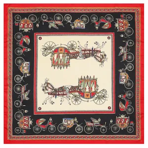Vintage Horse Carriage Print Satin Square Scarf For Women Retro Royal Style Silk Feeling Neck Scarf Elegant Head Scarf