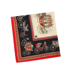 53cm square silk scarf featuring a vintage horse carriage print in red and black