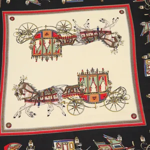 Detailed close-up of a 53cm silk-like scarf featuring vintage royal horse carriage patterns
