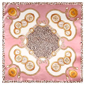 Pink satin square scarf with leopard print and vintage gold pocket watch chain design
