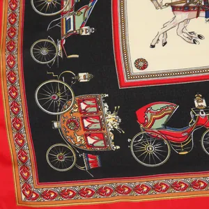 Detail of vintage horse carriage print on silky square scarf with red and black borders