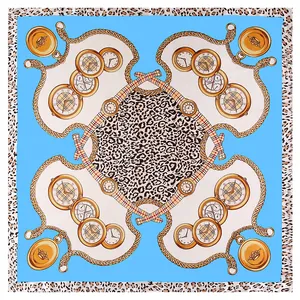 Blue silk scarf with leopard print and vintage watch pattern layout 90x90cm