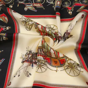 Macro shot of silk scarf showing classic carriage print with soft satin luster and textures