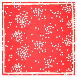 Red 60x60cm square scarf with white star patterns and a silky satin finish for women