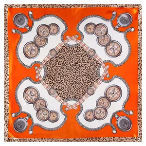 Silk square scarf featuring leopard print, vintage watches, and chain motifs in orange