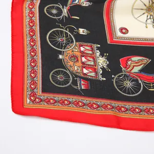 Detail of vintage horse carriage pattern on red silk scarf with satin finish