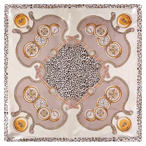 Silk feel square scarf featuring leopard print, golden watches and chain patterns