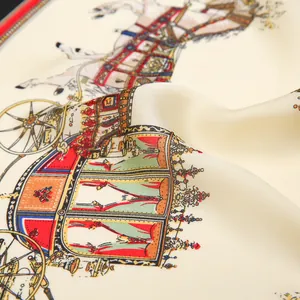 Detailed close-up of smooth silk-like fabric with elegant horse carriage print pattern