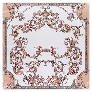 90cm square silk scarf featuring vintage baroque architectural patterns in gold and brown