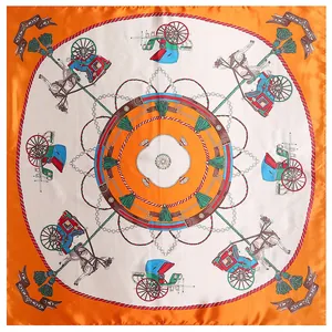 Classic 90cm square silk scarf featuring vintage carriage, horse, and tassel prints