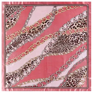 Pink leopard and chain print square silk scarf with pearl dot border 90x90cm