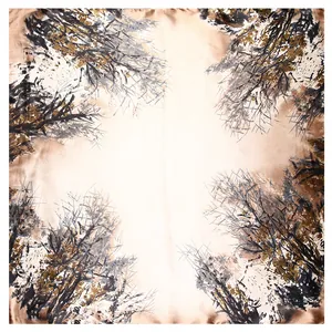 60x60cm silk square scarf with artistic branch oil painting print on brown satin fabric
