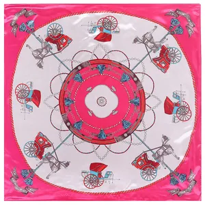 Silk-textured square scarf with vintage carriage and tassel patterns in vibrant rose pink